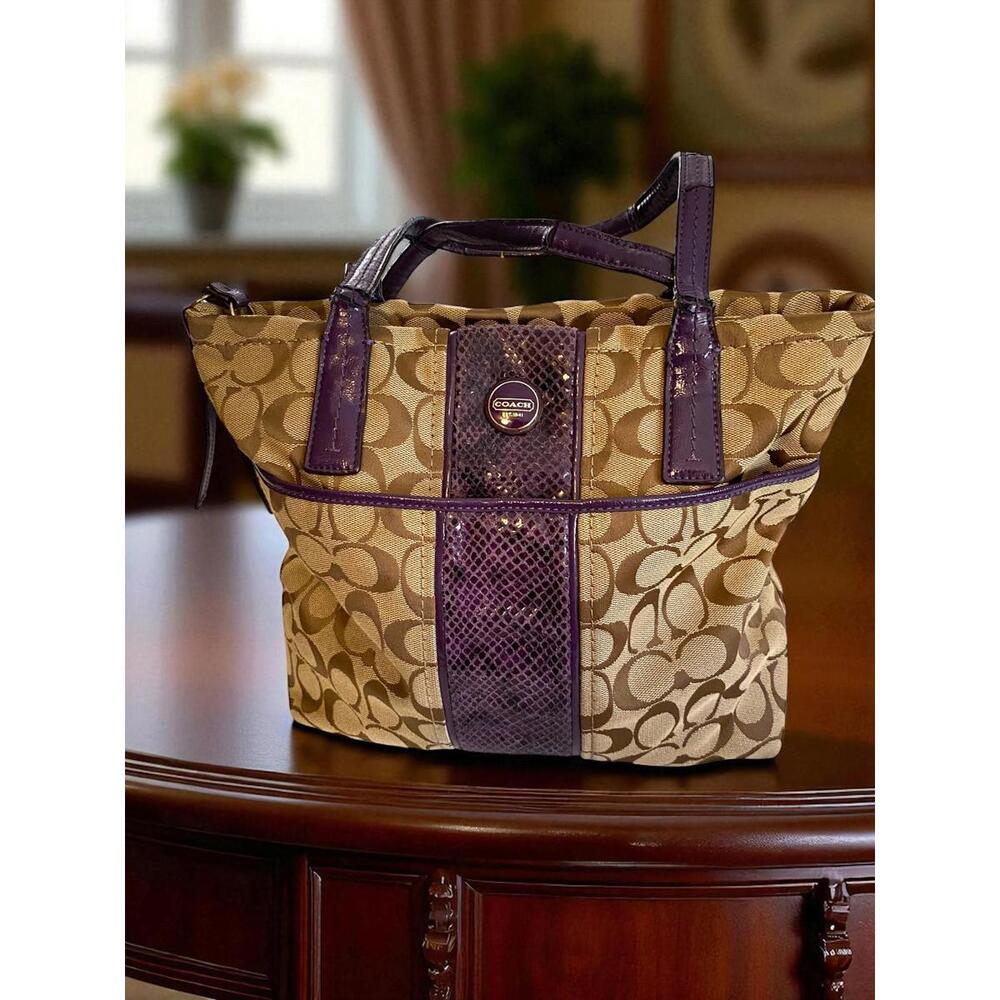 Coach Signature Jacquard Handbag Purse Zipper Purple Accents *SEE*